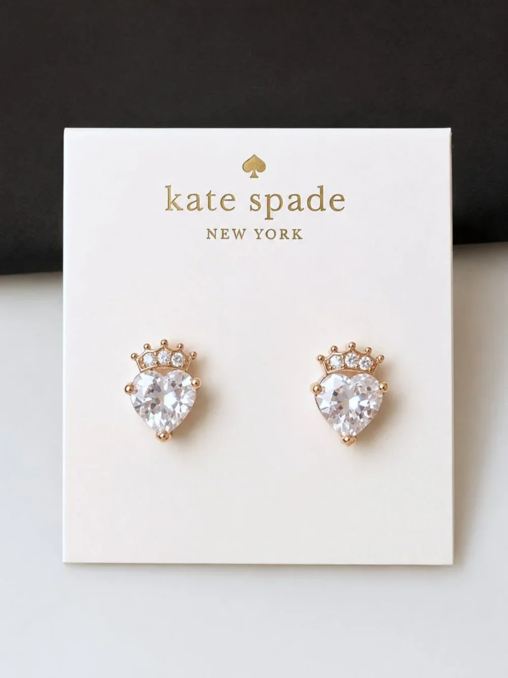 Kate Spade Crystal Heart Crown Stud Earrings Gold Tone Princess Jewelry